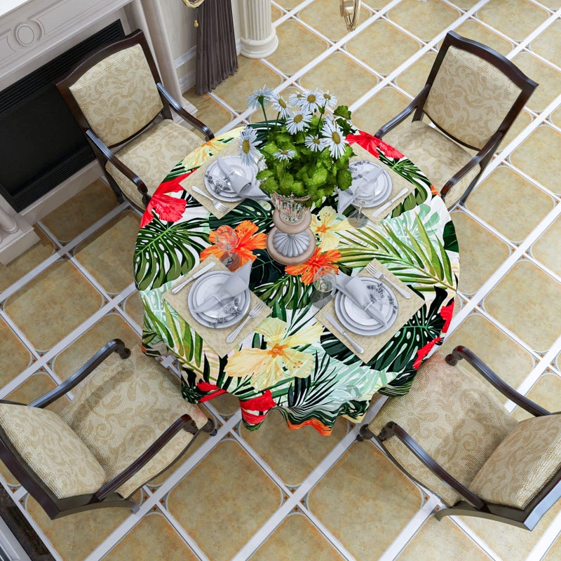 VVA Tropical Round Tablecloth, Hawaiian Palm Tree Hibiscus Flowers Plants Tablecloths, Aloha/Luau Theme Party, Wipeable Waterproof Table Cloth for Family Dinners Patio Outdoor/Outside Events 50x50 Inch - Image 4